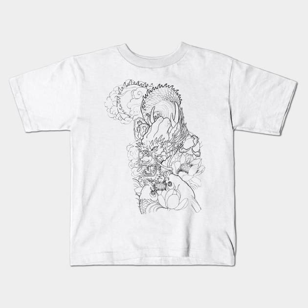 Pencil hand-drawn dragon and koi design Kids T-Shirt by JESS.JPN